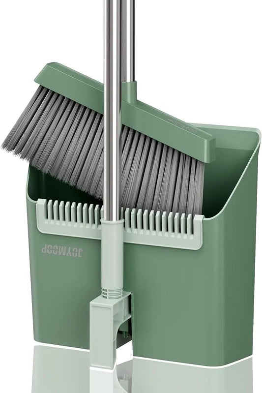 JOYMOOP Dark Teal Green Broom and Dustpan Set, Upright Angle with Built-in Comb Teeth, Ideal for Home, Office, Hardwood, Pet Hair - NeatNest