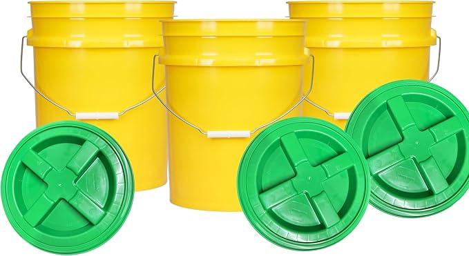 House Naturals 5 Gallon Plastic Yellow Food Grade BPA Free Made in USA Bucket Pail with Air Tight Double Gasket Screw on Lid(Pack of 3) (Yellow and Green lids) - NeatNest
