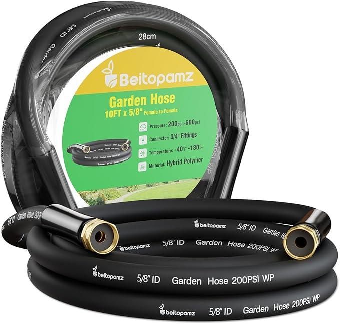 Short Garden Hose 10 ft x 5/8" Female to Female Hose Adapter, Heavy Duty Small Water Hose Extend Connector, Leak-Free Connections Hybrid Rubber Leader Hose with 3/4" Double GHT Fittings, BT10FF, Black - NeatNest