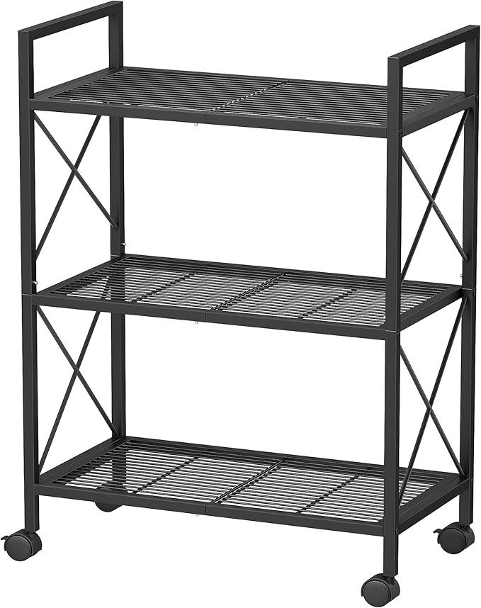 SONGMICS 3-Tier Metal Storage Rack with Wheels, Mesh Shelving Unit with X Side Frames, 23.6-Inch Width, for Entryway, Kitchen, Living Room, Bathroom, Industrial Style, Black UBSC163B01 - NeatNest