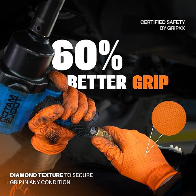 Herkules Grip Heavy Duty 8Mil Orange Nitrile Gloves,3D Raised Diamond Texture-Latex & Powder Free-Industrial, Mechanic (1, Medium) - NeatNest