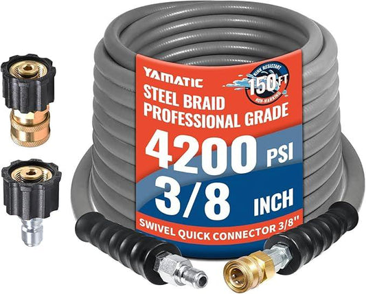 YAMATIC Non Marking 3/8" Pressure Washer Hose 150FT 4200 PSI, Kink Resistant Swivel 3/8" Quick Connect, Rubber Steel Braided Wear Resistant Industry Grade for Hot/Cold Water Gas Power Washer - NeatNest