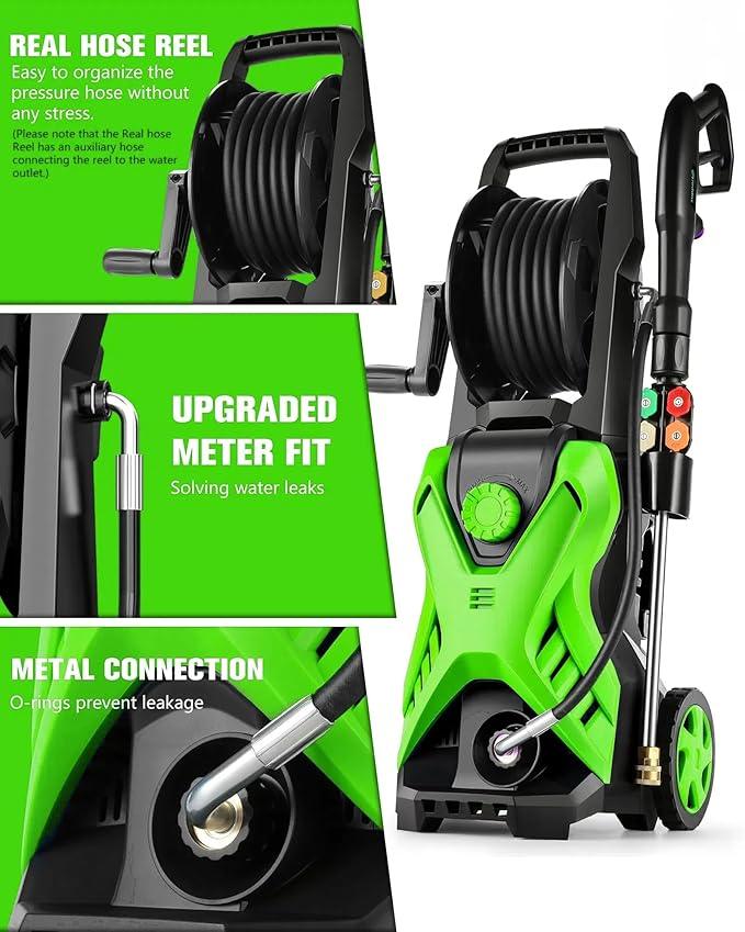 Electric Pressure Washer, 2.8 GPM High Power Washer Adjustable Pressure 2500PSI-5000PSI with 33FT Extension Hose Reel, 4 Nozzles and Soap Bottle for Cars/Fences/Driveways - NeatNest
