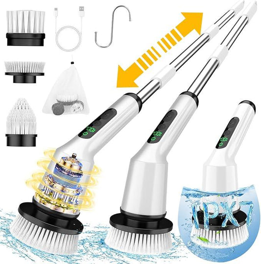 Electric Spin Scrubber for Cleaning Bathroom, Shower Scrubber Cordless Cleaning Brush with IPX7 Waterproof & 2 Speed, 3 Brush Heads, Bathroom Cleaning Supplies for Shower Tub Kitchen Tile Toilet White - NeatNest