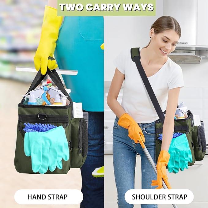 Wearable Cleaning Caddy Bag, Cleaning Organizer with Handles, Cleaning Supply Tote with Adjustable Shoulder Strap for Cleaners & Housekeeper (Green, 13.4'' x 7.3'' x 9.3'') - NeatNest