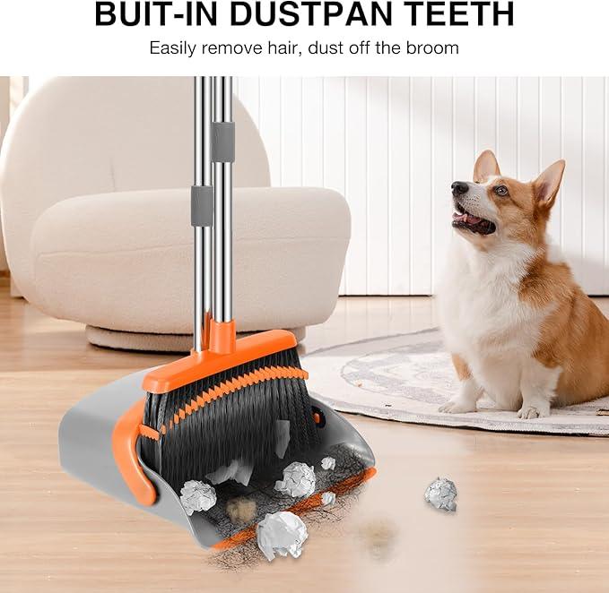NACENA Broom and Dustpan Set, 52-in Long Adjustable Handle Broom Dustpan Combo with Dustpan Teeth to Automatically Clean Hair Suitable for Home Kitchen Office Hall Floor (Grey&Orange), 4 Pack - NeatNest
