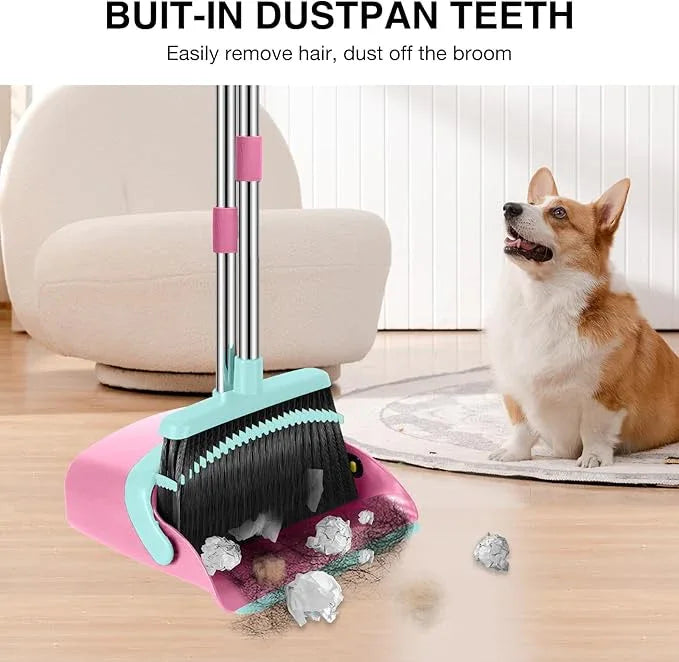 Broom and Dustpan Set, 52-in Long Adjustable Handle Broom Dustpan Combo with Dust pan Teeth to Automatically Clean Hair Suitable for Home Kitchen Office Hall Floor（Pink&Blue） - NeatNest