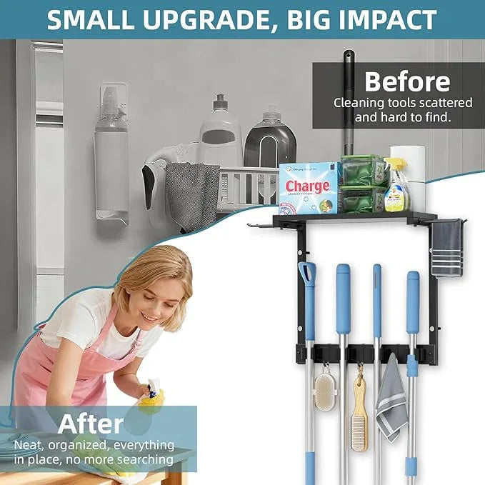 Broom Holder Wall Mount with Cleaning Supplies Organizer, Laundry Room Organization and Storage Shelves, Mop Hanger Broom Rack with Hooks, Home Improvement Kitchen Shelf Garage Organizer - NeatNest