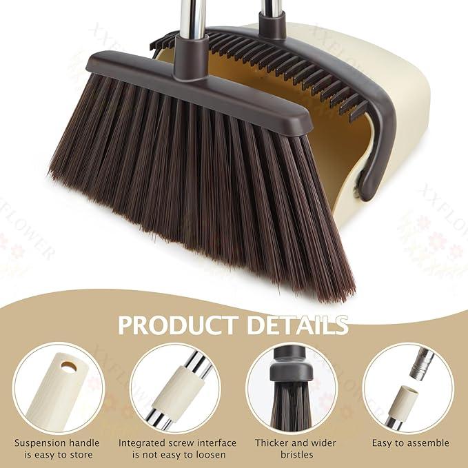 Broom and Dustpan Set with Long Handle, Heavy Dust Broom and Dustpan Combo for Home，Kitchen, Office, Pet Hair(Beige) - NeatNest