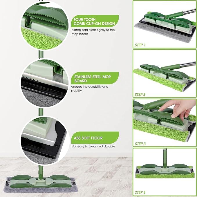 MASTERTOP Microfiber Mop - Flat Floor Mops Wet Dry Dust Mop with 4 Washable Pads & 52.4'' Stainless Steel Handle for Hardwood Laminate Tile Floor Cleaning - NeatNest
