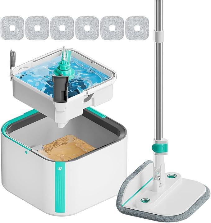 Upgraded Spin Mop and Bucket System Set, Self Separate Clean and Dirty Water, Foldable Square Standing Mop Head with Microfiber Mop Pads, Detachable Bucket (White+Blue, Mop Set with 6PC Pads) - NeatNest