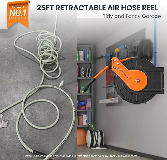 Giraffe Tools TA10B Air Hose Reel 25 ft Retractable Wall Mount Air Compressor Heavy Duty Steel Auto Rewind 300PSI, 25ft, Tangelo - NeatNest