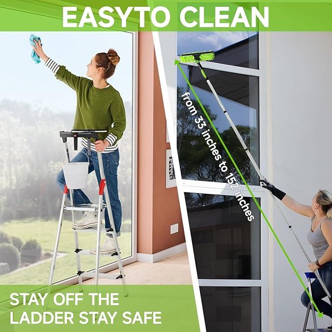 Professional 152" Window Squeegee Cleaner Tool with Extension Pole, 2-in-1 Squeegee for Window Cleaning Kit with Scrubber and Rotating Head, Window Cleaner for Car, Sliding Door, Shower Glass Door - NeatNest