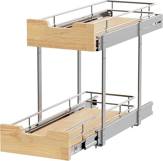 Pull Out Cabinet Organizer,Heavy-Duty Slide Out Shelf, Wood and Wire Basket, Pull Out Drawer for for Kitchen Under Sink Space, Pantry, Bathroom, 2 Tie 9 * 21 in - NeatNest