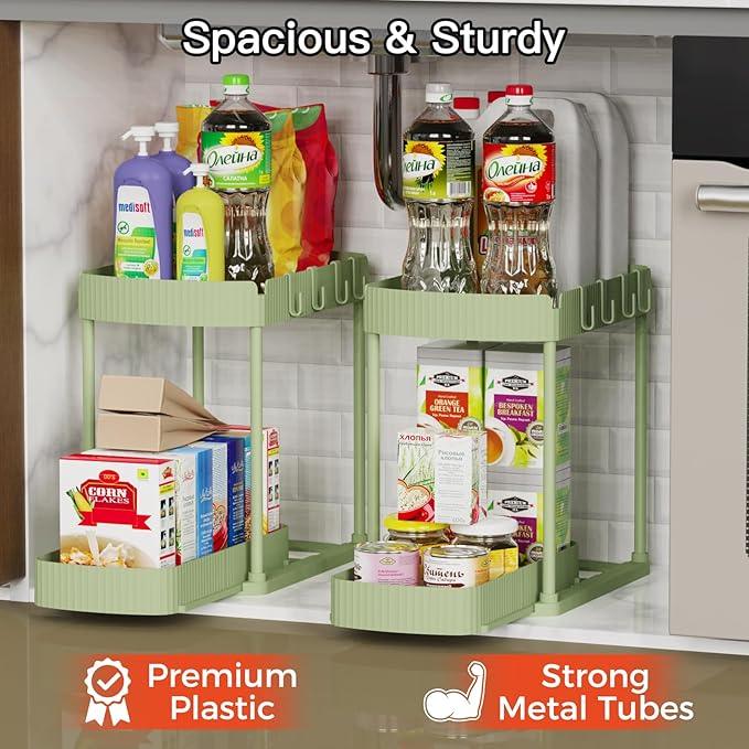 2 Pack Multi-Purpose Pull-Out Storage Organizers, Under Sink Organizers and Storage for Bathroom & Kitchen, Under Cabinet Organizers and storage, 14.8 Inch, Green - NeatNest
