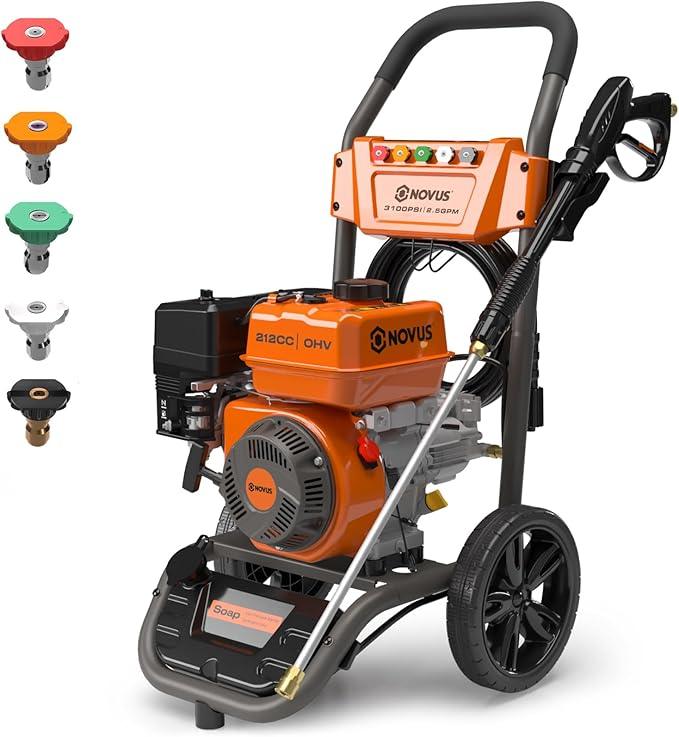 NOVUS Gas Pressure Washer, 3100 PSI 2.5 GPM Power Washer, 30FT Hose, 5 Nozzles, Onboard Soap Tank, Steel Spray Wand, Portable Gas Powered Pressure Washer for Vehicles Driveways Patios Fences Furniture - NeatNest