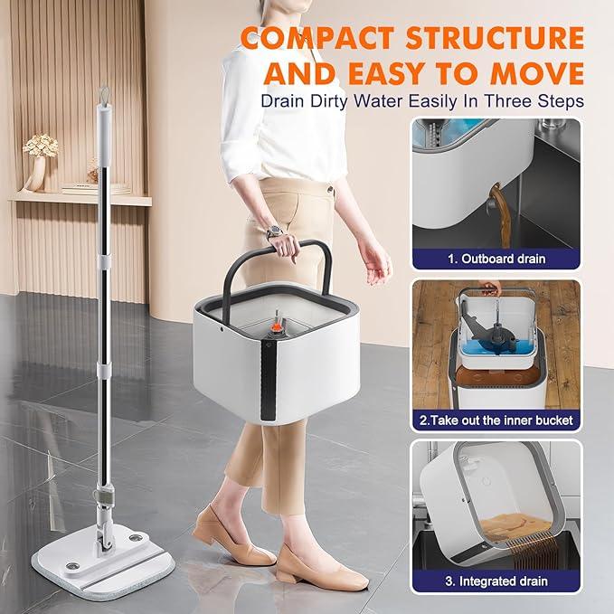 Upgraded Self-Standing Spin Mop and Bucket System, Detachable Inner Mop Bucket That Separates Dirty Water & 90° Foldable Head, Triple-Scrubbing System, for Hardwood Floors - White with 6 Pads - NeatNest