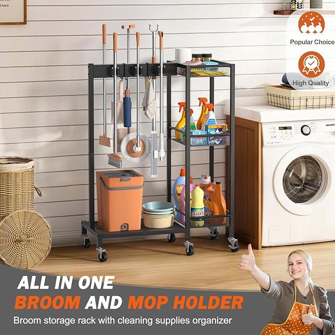 Broom Holder with Cleaning Supplies Organizer, Broom Closet Storage Cabinet with Cleaning Caddy, Cleaning Cart with Mop Hanger Gripper Rack Hooks,Janitorial Cart,Utility Carts Household Essentials - NeatNest
