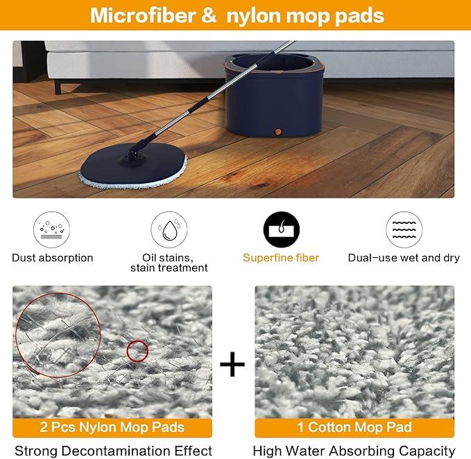 Flat Floor Mop and Bucket System Set with Wringer, Spin Mop and Bucket Separate Clean and Dirty Water with Self Separation for Hardwood, Laminate, Tile, Floor Cleaning, Wet and Dry Use, Navy Blue - NeatNest