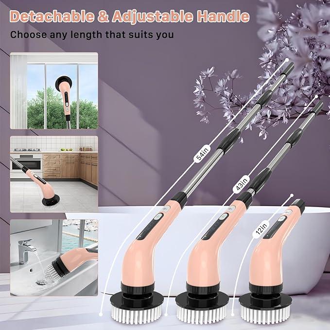 Electric Spin Scrubber, Cordless Cleaning Brush, Shower Scrubber with 7 Replaceable Brush, 2 Speeds and Adjustable Extension Handle for Bathroom Shower Bathtub Glass Car(Pink) - NeatNest