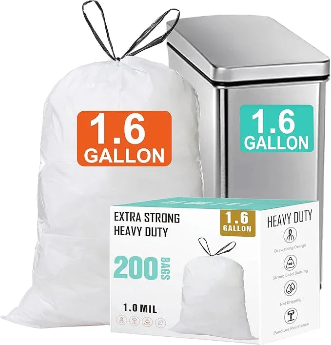 1.6 Gallon Drawstring Trash Bags (200 Count) 1.0 Mils Heavy Duty Small Garbage Bags Fit 4.5-8 Liter 1.2-2 Gal White Trash Bin Liners for Home Office Kitchen Bathroom Bedroom - NeatNest