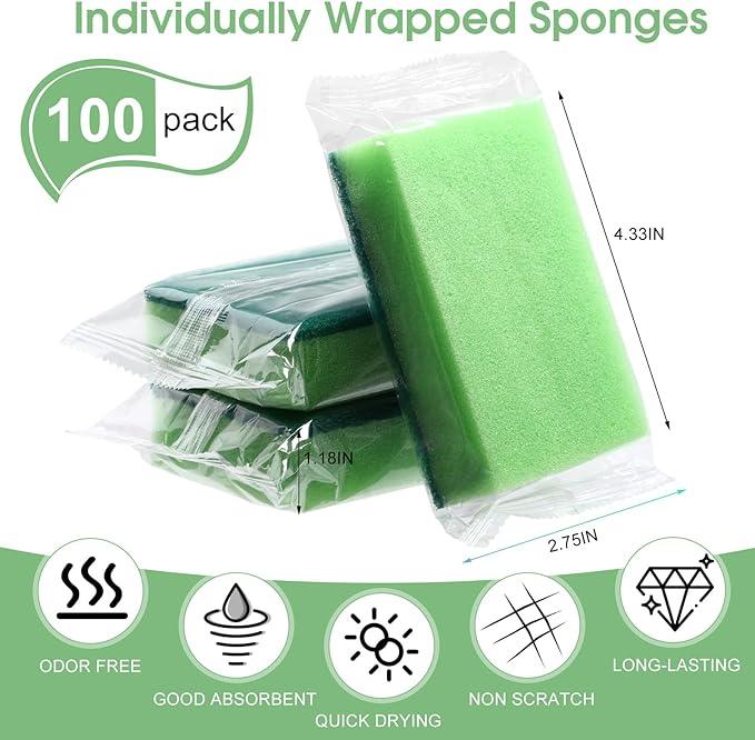 Tioncy 100 Pcs Individually Wrapped Sponges Bulk Kitchen Green Non Scratch Scrub Sponges Dual Sided Cleaning Scrubber for Household Washing Dishes, Pots, Pans, Sinks, Stoves, Appliances, Car, Bike - NeatNest