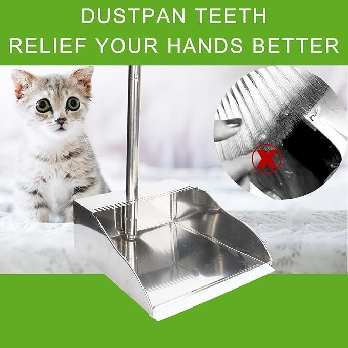 Metal Dustpan Long Handle Stainless Steel Dustpan,Heavy Duty Standing Dust Pan with Teeth, Indoor Outdoor Up for Home Kitchen Lobby Room Office - NeatNest