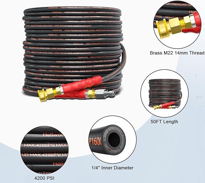 Pressure Washer Hose 50FT, 4200PSI Wire Braid Power Washer Extension Hose 1/4 Inch High Tensile, Flexible Kink Resistant Heavy Duty Replacement Hose with 3/8 Quick Connect - NeatNest