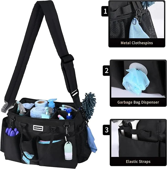 Large Cleaning Caddy Organizer with Handle, Sponge Shoulder Strap Cleaning Supplies Organizer with Foldable Dividers Zipper Pocket for Cleaners Housekeepers - NeatNest