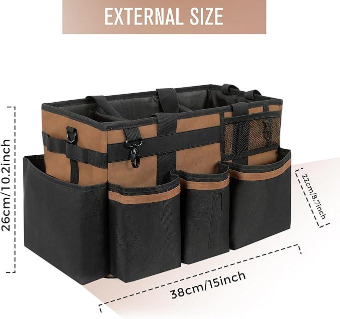 Wearable Cleaning Caddy, Cleaning Caddy Supplies Organizer with Handle & Shoulder Straps for Housekeepers, Under Sink & Car Cleaning Tool Organizers Bag with 4 Foldable Divider (Brown) - NeatNest