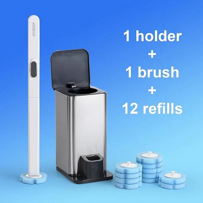 JOYMOOP White Flat Mop & Bucket with 1 Microfiber Pad, 12 Disposable Toilet Brushes, Stainless Steel Toilet Brush and Holder Set, Multi-Functional Cleaner for Floors, Windows, and Toilets - NeatNest