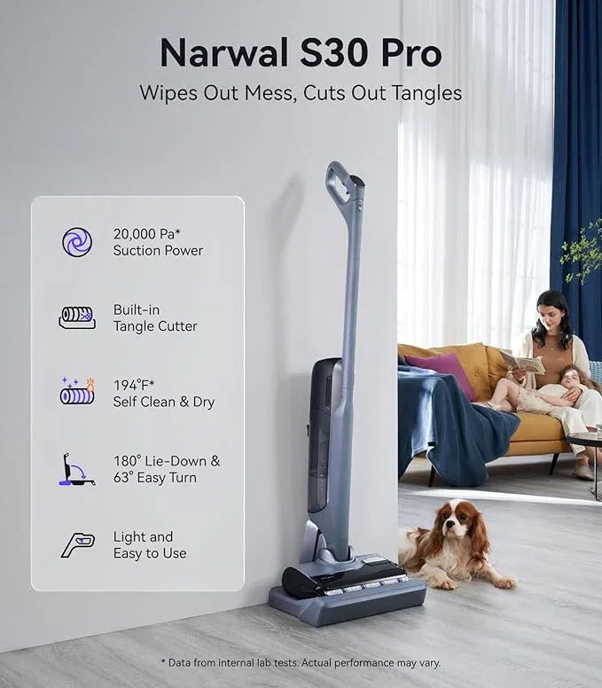 NARWAL S30 Pro Wet Dry Vacuum Cleaner with 20000Pa Suction, Cordless Vacuum Mop for Hard Floors, Tangle-Free Hair-Cutting, 180° Lie Flat, 194°F Self-Cleaning, Disposable Waste Bag, Edge Cleaning - NeatNest
