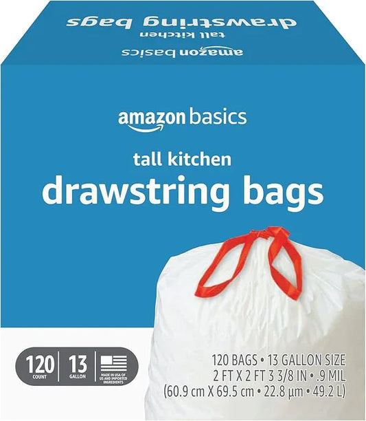 Amazon Basics Trash Bags, Tall Kitchen Drawstring, Unscented, 13 Gallon, 120 Count, Pack of 1 - NeatNest