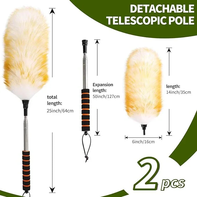 Extendable Lambswool Duster 25-64" Retractable Telescopic Handle Removable Head Multi-Surface Cleaning Tool for Ceiling Fans, Windows, High Walls, and Hard-to-Reach Areas (2pcs) - NeatNest