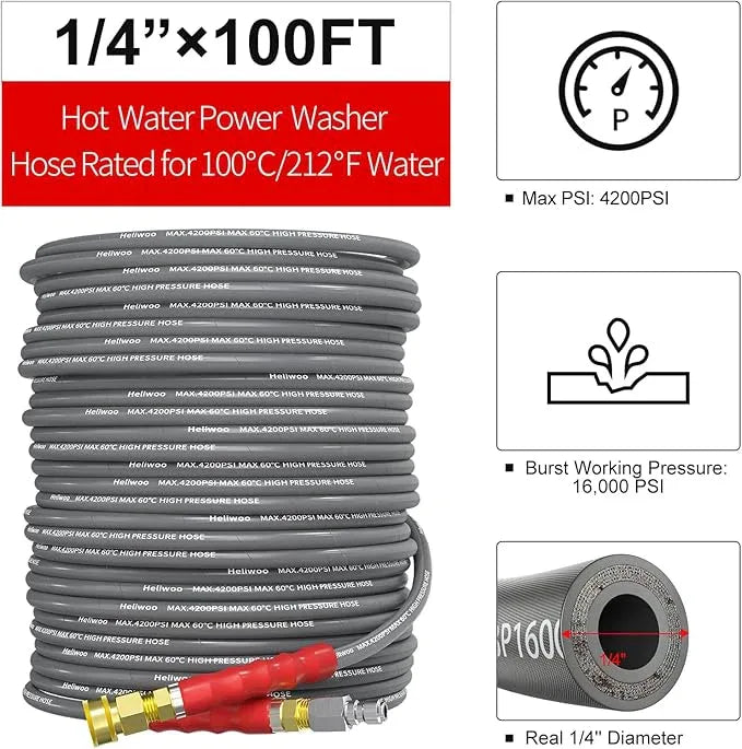Pressure Washer Hose 100ft 4200PSI with 3/8 Quick Connect, 1/4 Commercial Grade Steel Wire Braided Kink Resistant Power Washer Extension Hose, Flexible Replacement Hose Adapter Set - NeatNest
