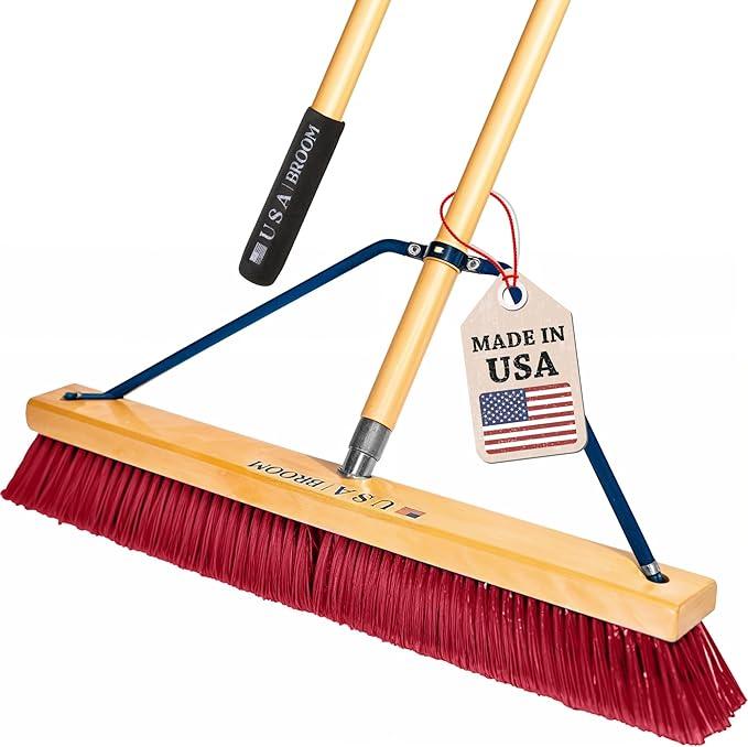 24" Everyday Sweep Indoor/Outdoor Push Broom with 60" Handle. Ideal for Garages & Shops. Durable American Made Steel Brackets-All Stainless Steel Hardware. No Plastic. 100% Made in The USA. - NeatNest