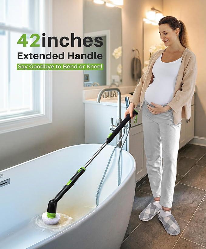 LyriFine Electric Spin Scrubber, 2024 New Full-Body IPX7 Waterproof Bathroom Cleaner Brush, Shower Scrubber with Long Handle & 2 Speed, Heads Replacement, Cleaning Supplies for Tub Shower Tile Floor - NeatNest