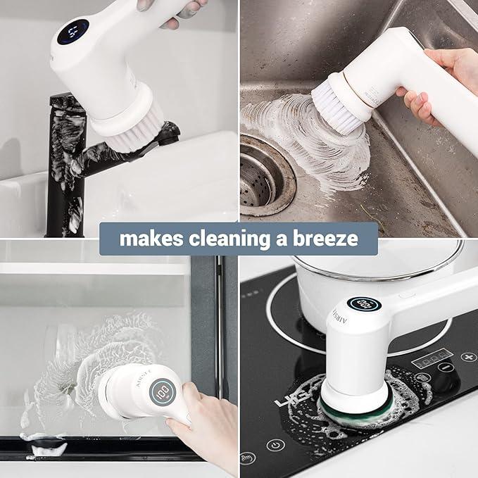 AIRSEE Electric Spin Scrubber, Cordless Power Rotating Brush, 2 Speeds, 6 Replaceable Brush Heads, Handheld Shower Bathroom Scrubber for Cleaning Floors, Windows, Bathtubs, Tiles, Sink, Car - NeatNest