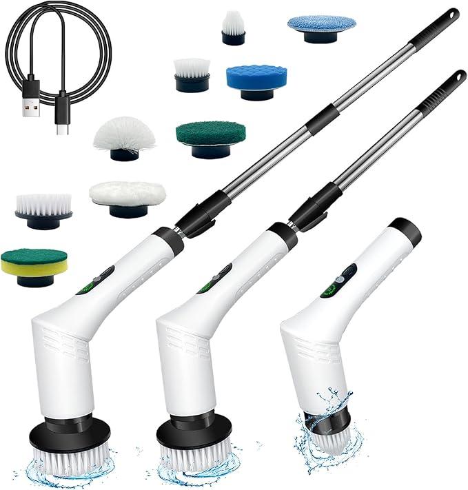 Spin Scrubber,9-In-1Multifunctional Cleaning Brush with Detachable Handle,9 Replaceable Brush Heads&LCD Display,Rechargeable Electric Spin Scrubber for Bedroom,Bathroom,Kitchen,Car - NeatNest