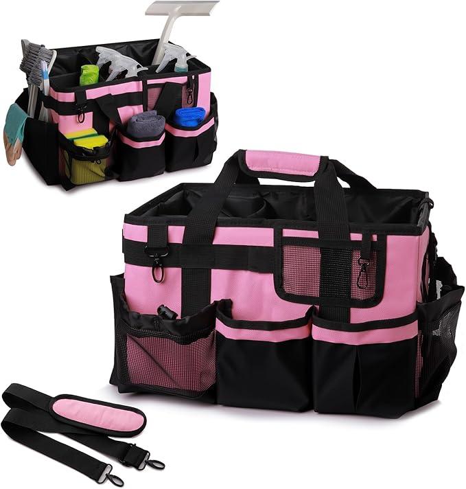 Large Cleaning Caddy Tote Bag with 4 Foldable Dividers Sturdy Support Board, Waterproof Cleaning Tools Organizer with Adjustable Shoulder Strap Waist Belt for Housekeepers, Cleaners Professional Use - NeatNest