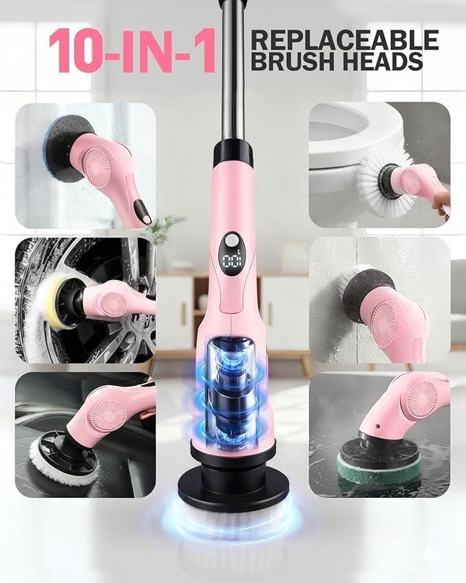 Electric Spin Scrubber, 3-Speed Cordless Shower Scrubber with 90° Adjustable & 10 Replaceable Brush Heads, 90 Mins Runtime & Full-Body IPX7 Waterproof Shower Cleaner Brush with Long Handle - NeatNest