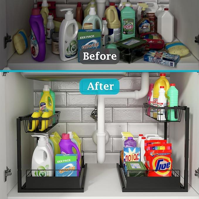 REALINN Under Sink Organizer, 2 Pack Height Adjustable Kitchen Organizers and Storage, 2 Tier Pull Out Sliding Cabinet Storage, Multi-Use for Kitchen Bathroom Cabinet - NeatNest