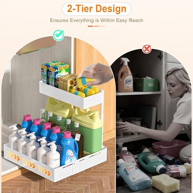 YJHome 1 Pack Expandable Under Sink Organizer, 2 Tier Pull Out Cabinet Organizer with Smooth Ball Bearing Slides, Adjustable Height Cabinet Storage Shelves for Kitchen, Bathroom, Laundry, Pantry - NeatNest
