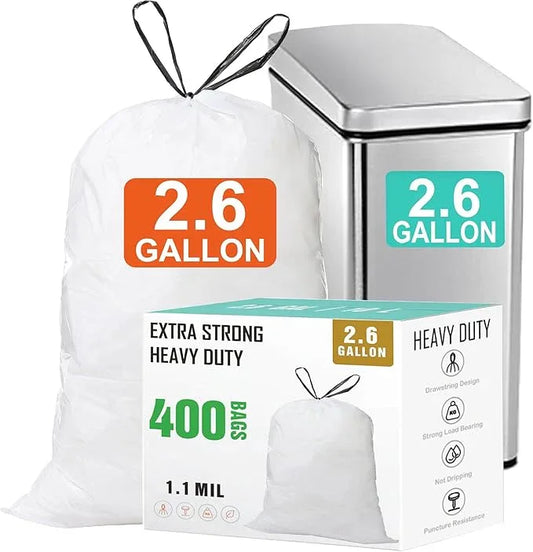 2.6 Gallon Drawstring Trash Bags (400 Count) 1.1 Mils Heavy Duty Small Garbage Bags Fit 10-15 Liter 2.6-4 Gal White Trash Bin Liners for Home Office Kitchen Bathroom Bedroom - NeatNest