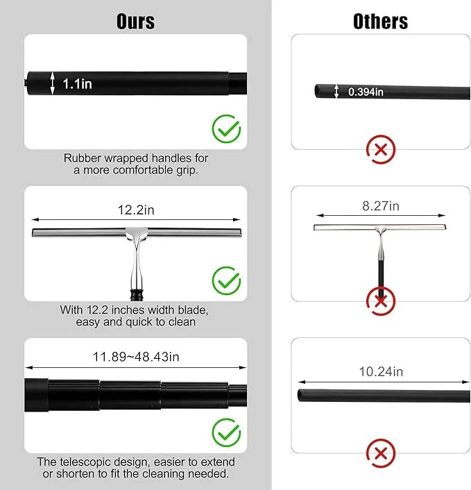 Window Squeegee for Home, 2 in 1 Window Washing kit with Extension Pole Long Handle Squeegee for Shower Glass Floor Tile Wall Car Windshield, 12 inch Wide, Black - NeatNest