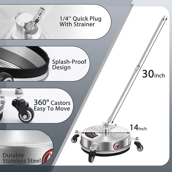 Dalmbox 14" Pressure Washer Surface Cleaner with 4 Wheels, 1/4" Quick Plug, Stainless Steel Housing, 4000 PSI, Pressure Washer Surface Cleaner Attachment for Patio, Courtyard, Concrete, Sidewalks - NeatNest