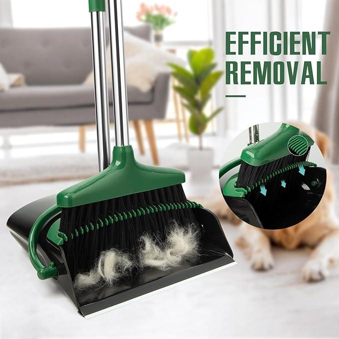 Broom and Dustpan Set with Long Handle, Light Weight Stainless Steel Poles Stand Upright Dustpans with Broom Combo for Home Kitchen Office Pet Dog Hair, 1-Pack(Black Green) - NeatNest