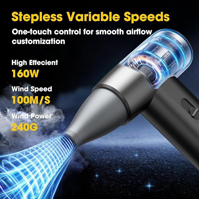 Metal Electric Compressed Air Duster, 300000RPM Brushless Motor with Stepless Speed, Rechargeable Cordless Mini Blower for Computer Keyboard Cleaning, Car Detailing, House and Outdoor Use(Black) - NeatNest