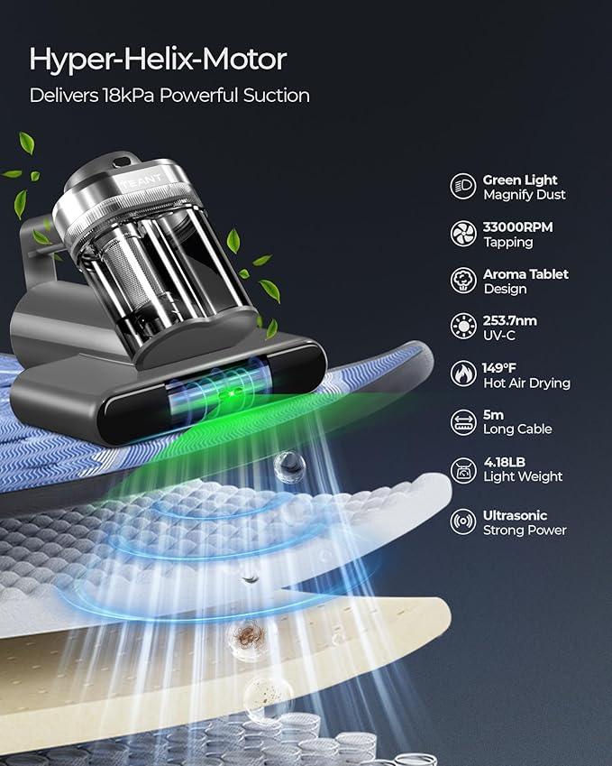 Powerful Mattress Bed Vacuum Cleaner, 2-Speed (14kPa/18kPa) Mattress Vacuum with Green Light Dust Detection, 253.7nm UV-C Light, LED Display, HEPA Filter, 149℉ Heat, Aroma for Bed Couch Carpet - NeatNest