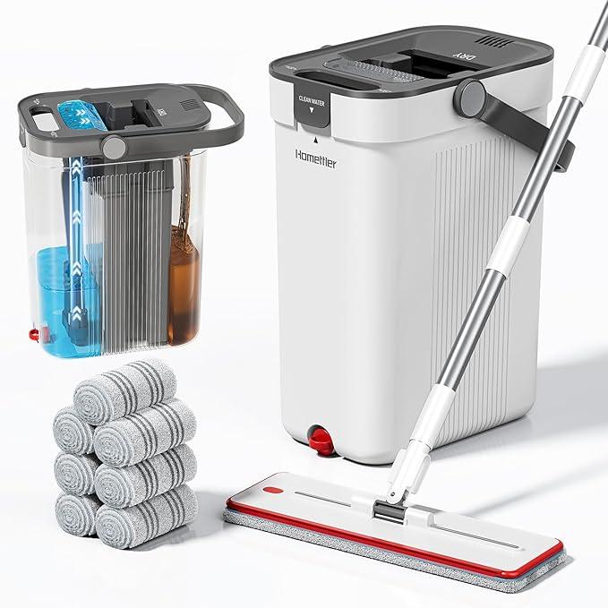 Mop and Bucket Set, Flat Mop and Bucket System with Separate Dirty and Clean Water, 3-Compartment Wall Cleaner Mop, Flat Mops for Floor Cleaning with 8 Microfiber Pads - NeatNest